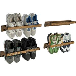 MyGift Set of 4 Rustic Burnt Solid Wood Hanging Shoe Storage Organizer Racks, Wall Mounted Space Saving Footwear Holder for Closet, Mudroom, Entryway, Holds 8 Pairs