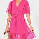 KIRUNDO Women Casual Summer Fall Dresses Long Sleeve Floral Wrap V Neck High Waist Ruffle Tiered A Line Flowy Mini Dress (Pink, M)
