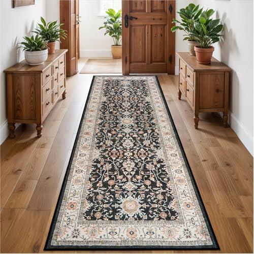 Washable 3x8 Hallway Runner Rug: Non Slip Stain Resistant Runner Rugs Low Pile Wide Rugs for Kitchen Floor Entryway Farmhouse Distressed Vintage Carpet for Living Room Bedroom Bathroom (Black, 3X8)