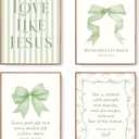 LARTSFRO Coquette Sage Green Bow Jesus Wall Art Decor Posters, Green Bow Room Bedroom Bathroom Wall Art Decor Aesthetic for Teen Girls Gifts, Inspirational Bible Verses Bow Wall Decor, 12x16 Inch Set of 4 Bow Pictures(UNFRAMED)