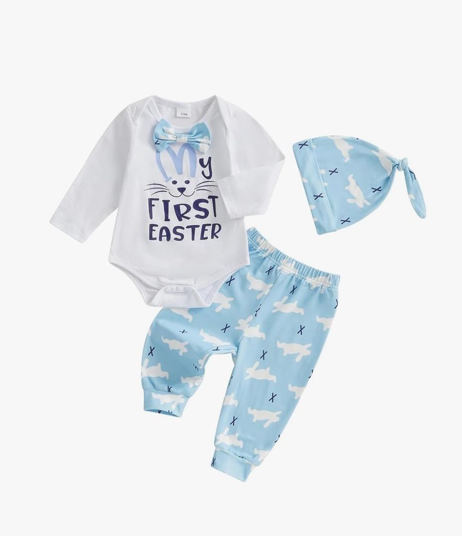 Gueuusu My First Easter Baby Boy Outfit Long Sleeve Bunny Romper Rabbit Long Pants Hat 3Pcs Clothes Set 12 18M