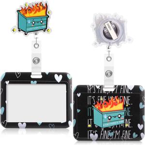 Geyoga Dumpster Fire Everything's Fine Gifts Set Includes Funny Horizontal ID Badge Holder and Retractable Badge Reel with Alligator Clip for Worker Doctor Nurse Teacher Office Accessories(Green)