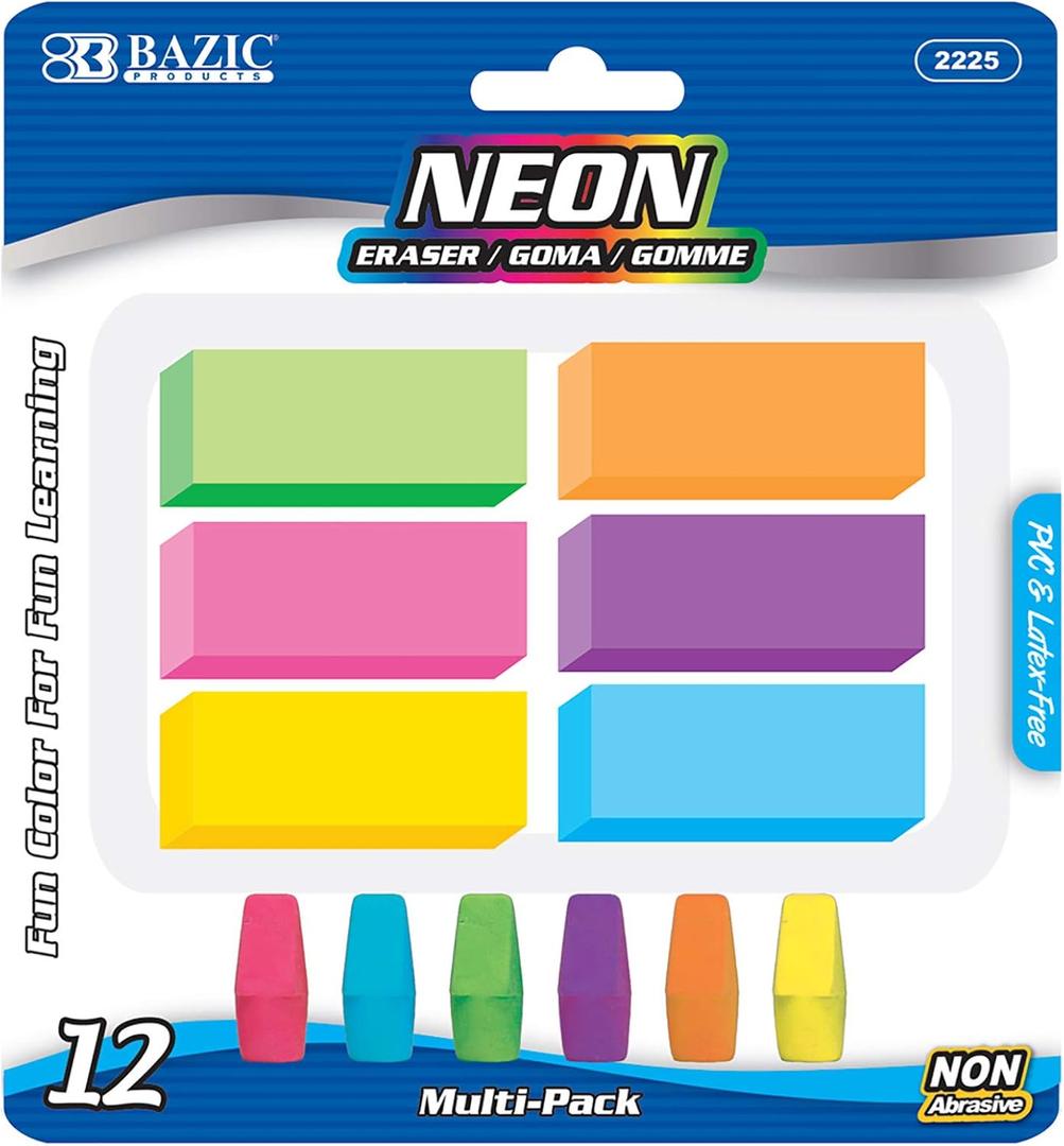 BAZIC Products Erasers + Pencil Top Erasers Set (12/Pack), Block Bevel Erasers Neon Color, Arrowhead Caps Tops, Latex Free, for Art Drawing School, 1-Pack