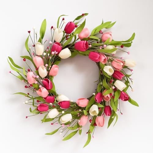 Dingion Valentine's Day Wreath 14 Inch Tulip Wreath for Front Door Vivid Valentines Floral Wreaths Spring Artificial Flowers Garland with Leaves for Valentine's Day Home Window Wall Wedding Decor