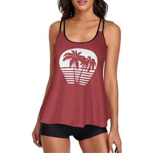 Urchics Womens 2025 Tankini Swimsuits Tummy Control Flowy Swimwear Two Piece Bathing Suits Swim Tank Top with Boyshorts (Medium, Brick Red Tree)