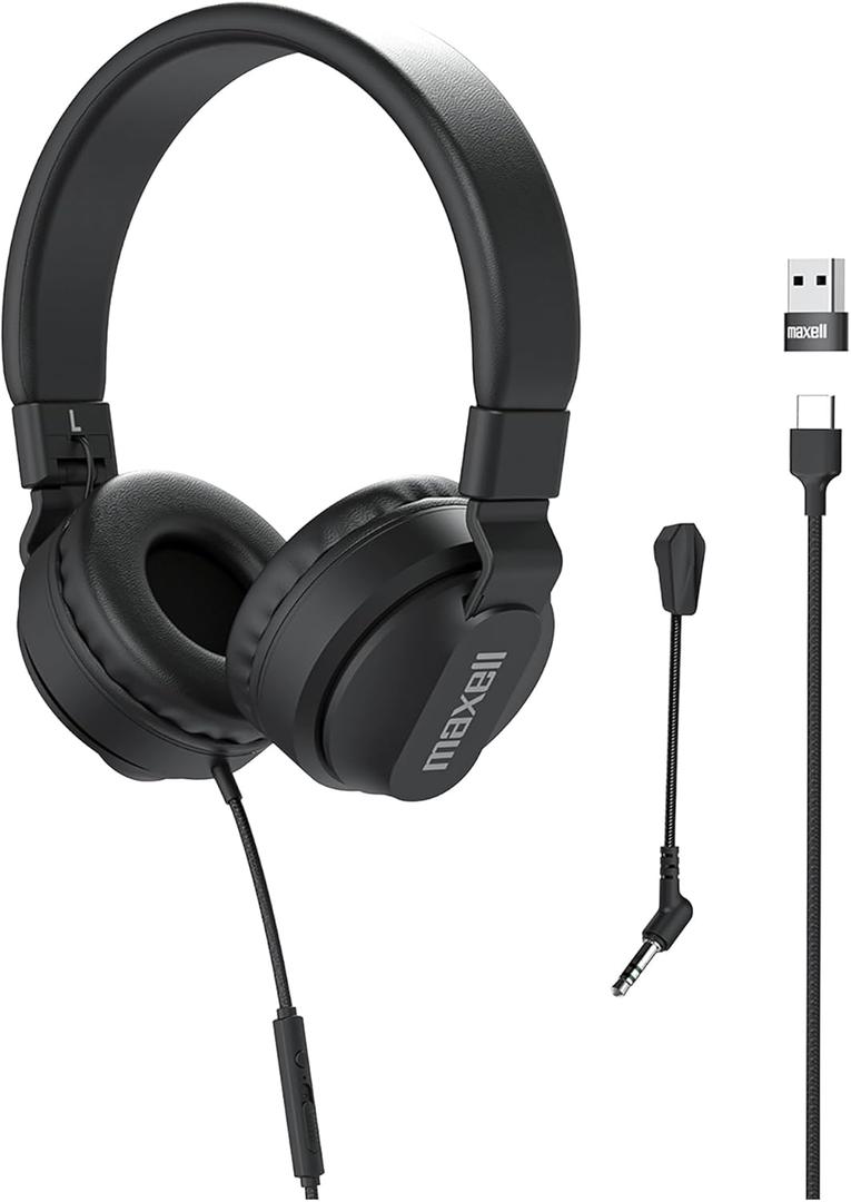 Maxell Wired Headphones with Detachable Boom Mic & Volume Control, Ideal for Classrooms, Offices, & Remote Learning, Reversible, 197304, Compatible with All USB-C Devices