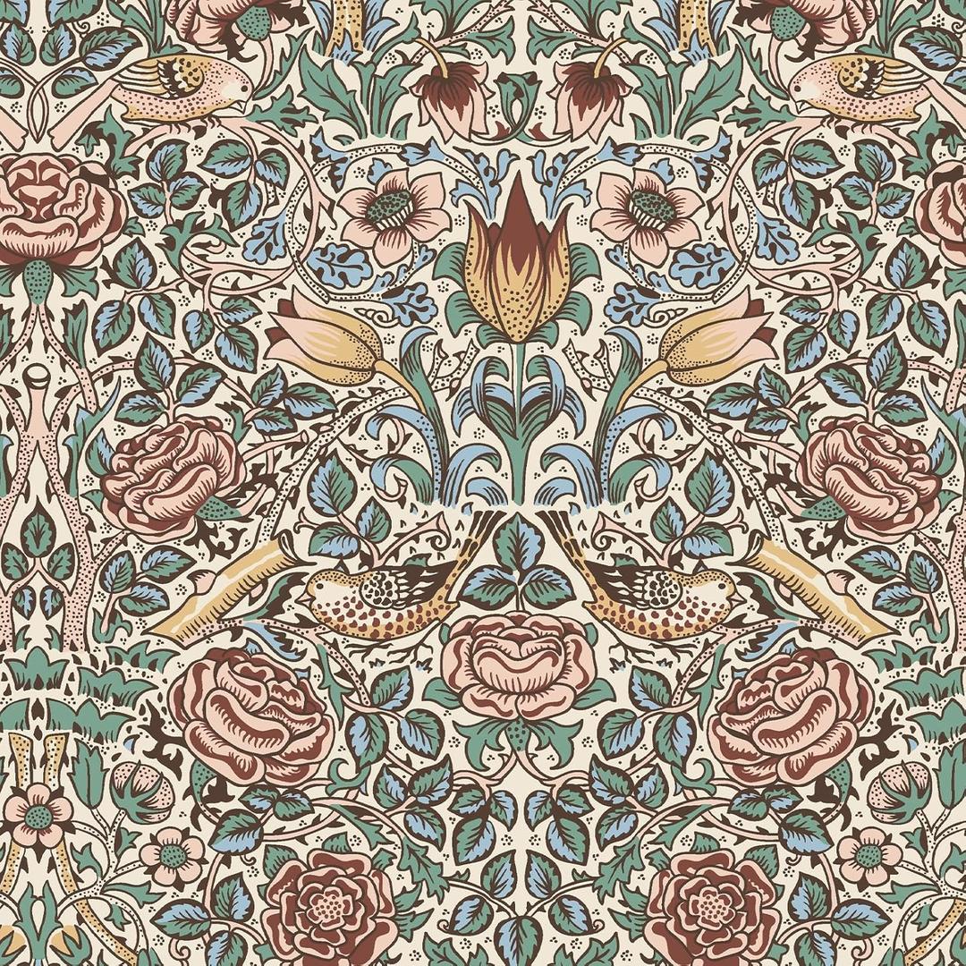 VEELIKE Vintage Floral Peel and Stick Wallpaper Retro William Morris Style Wallpaper with Birds Roses 17.7''x118'' Self Adhesive Contact Paper Removable Victorian Wall Paper for Bedroom Bathroom Walls