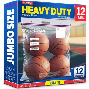 Jumbo Handle Zip Top Bags, 10 Gallon Extra Large XL Storage Bags, 12 Mil Extra Heavy-duty Clear Big Plastic, Zip Poly Bags with Resealable Lock Seal Zipper, 20x26'', 10 Bags