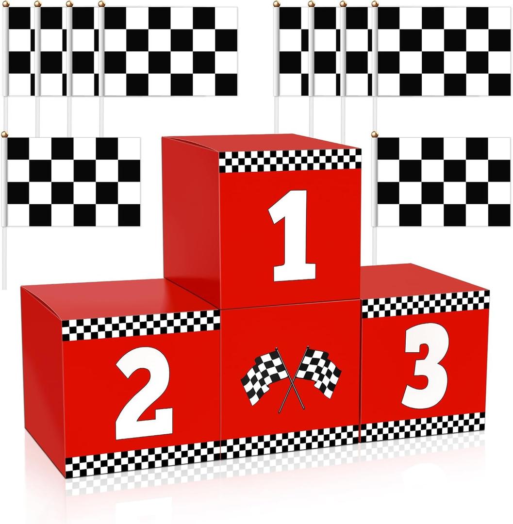 4+10Pcs Racing Car Party Boxes, Race Car Themed Birthday Party Decorations, 4 Racing Party Boxes and 10 Racing Style Checkered Flags for Cars Party Decorations(11.8 x 11.8 x 11.8in)