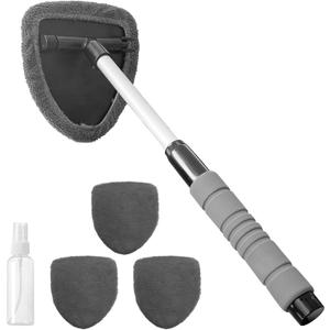 19" Extra-Long Windshield Cleaner Tool, Auto Glass Wiper Brush Kit | Car Interior Detailing Cleaning Kit with Extendable Handle and 4 Reusable Microfiber Pads, Car Window Cleaner, for Cars