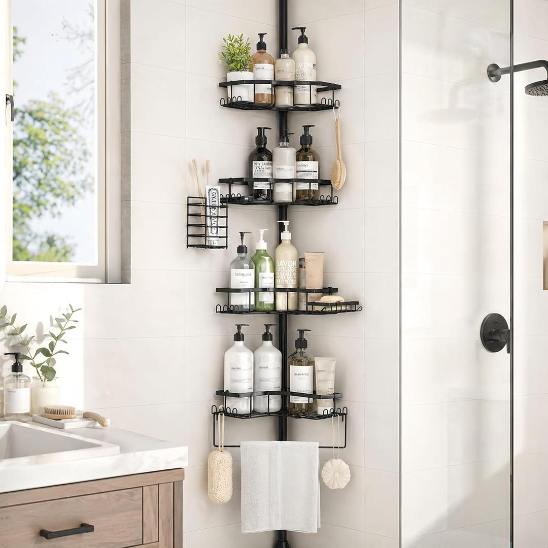DTUQYX Shower Caddy Corner Tension Pole - Adjustable 43.5-120 Inch Rod Bathroom Organizer Storage Shelf, No-Drill Rustproof 4-Tier Shower Corner Shelves with Towel Rack, Toothbrush Holder & Soap Dish