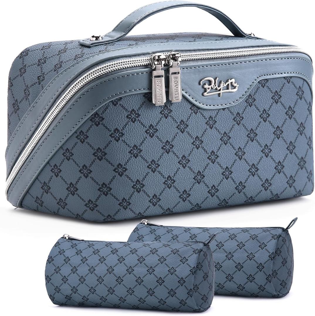 BOYATU Travel Makeup Bag Cosmetic Bags for Women: 3 Pcs Set Large Capacity Make up Bag with Handle - Vegan Leather Toiletry Bags with Compartments - Makeup Organizer for Travel Essentials(A-4-Blue)