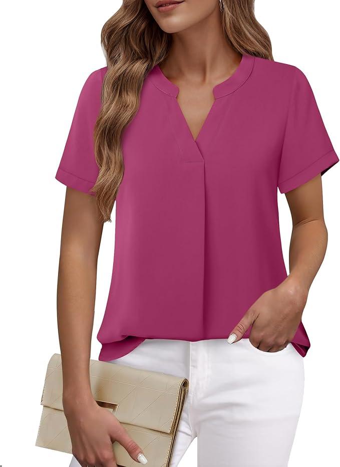 Shein Women's V Neck Short Sleeve Curved Hem Sheer Chiffon Blouse Shirts Tops, Size XL