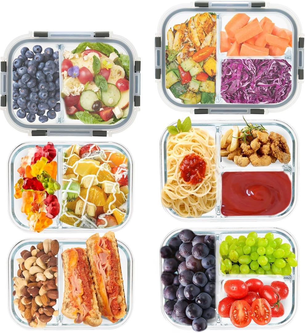 2 & 3 Compartment Glass Meal Prep Containers - Glass Food Storage Lunch Containers with Lids, Glass Bento Box, Portion Control, Freezer to Microwave Safe (Mixed Sizes(2,3 compartment) - 6 Pack,Grey Set)