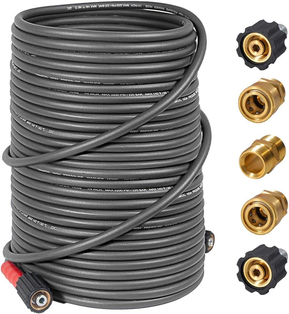 YAMATIC Super Flexible Pressure Washer Hose 100FT for Power Washer Replacement, Kink Resistant Extension With Leak-Free M22 Female & 3/8" Quick Connect Adapters, 1/4" 3200 PSI, Grey (Gray)