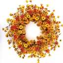 J'FLORU Fall Wreath 22 Inch Fall Wreaths for Front Door Artificial Autumn Wreath with Eucalyptus Leaves Orange Daisies for Harvest Thanksgiving Wall Porch Farmhouse