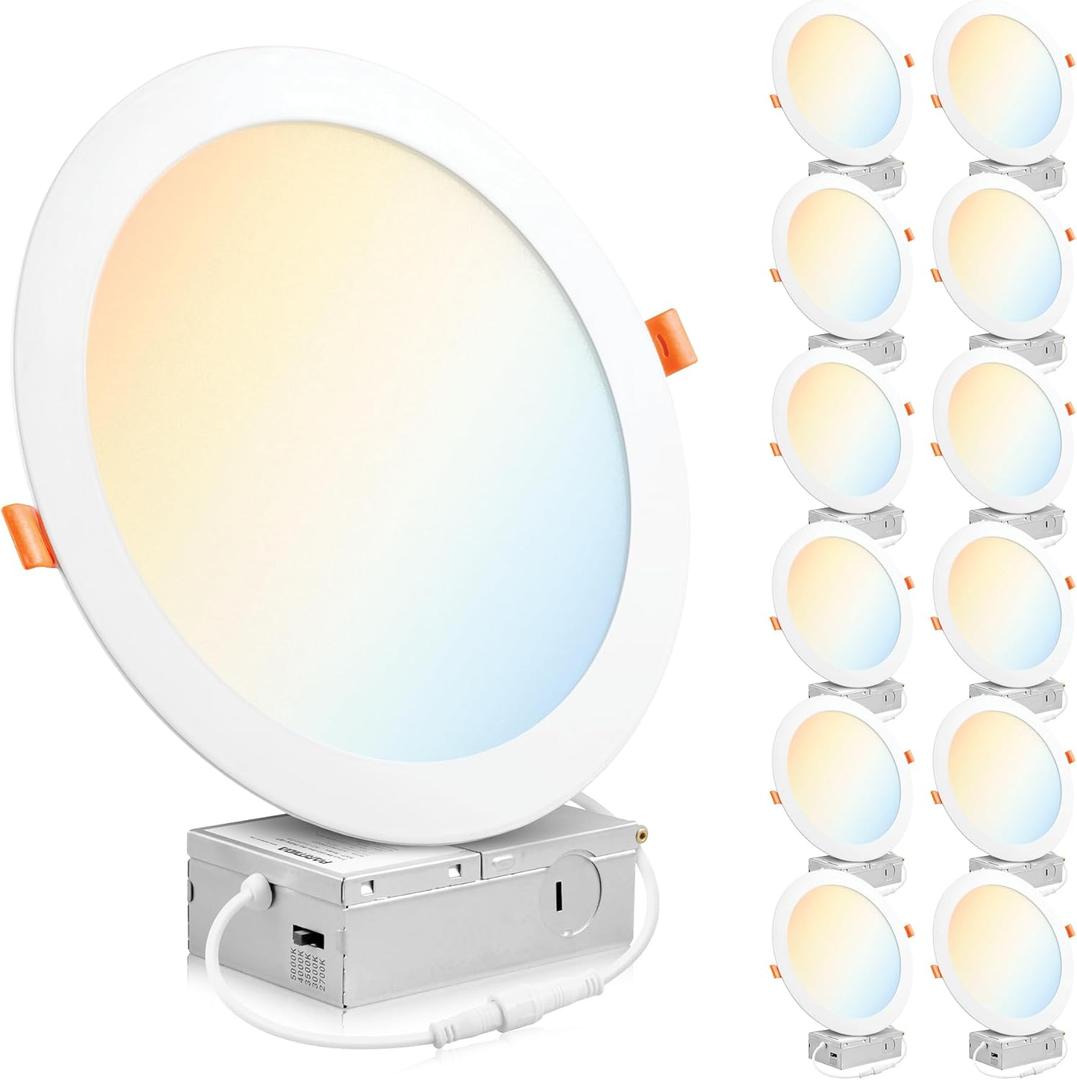 PARMIDA (12 Pack) 8 Inch Ultra-Thin LED Recessed Ceiling Light with Junction Box, 5CCT Color Selectable 2700K/3000K/3500K/4000K/5000K, 18W, Dimmable Canless Wafer Slim Panel Downlight, IC Rated, ETL