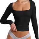 YFANG Women's Sexy Square Neck Long Sleeve Ribbed Kint T Shirts Casual Solid Slim Fitted Going Out Tops Black Medium (Black, M)