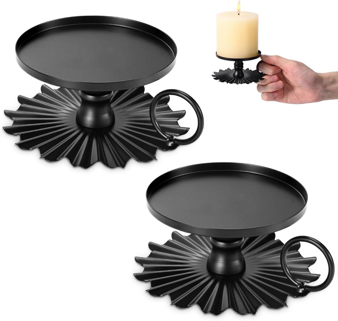 CoColemon Black Iron Pillar Candle Holders Set of 2, Pedestal Candles, 3.15 inches Pillar Candle Holder Plate (Black)