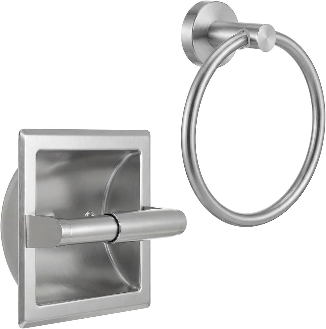 LemonRoad 2 Pcs Chrome Recessed Toilet Paper Holder and Towel Ring Set, Stainless Steel Bathroom Hardware, Wall Mount Pivoting Toilet Paper Dispenser & Heavy Duty Towel Roll Holder for Bathroom
