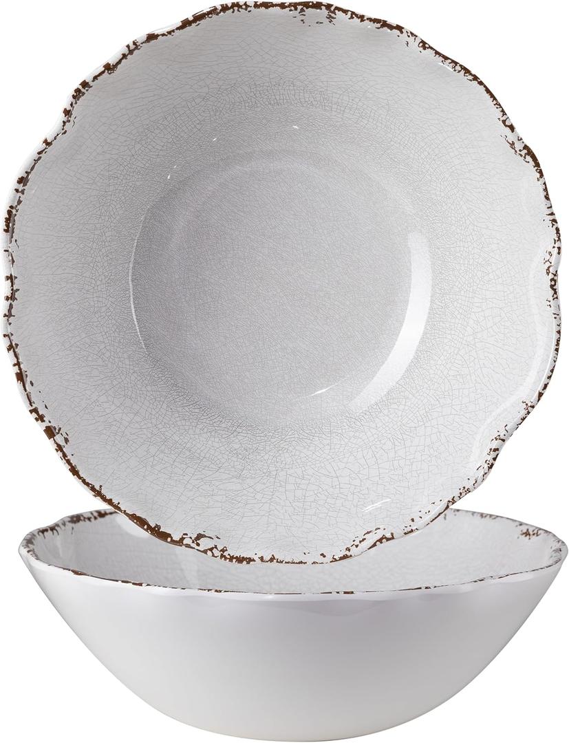 ZAROCRUS Rustic Melamine Serving Bowls, 12inch 2 Piece Larger Pasta Salad Bowls/ Mixing Bowls, White Melamine Bowls, Lightweight and Unbreakable Soup Bowls, Dishwasher Safe