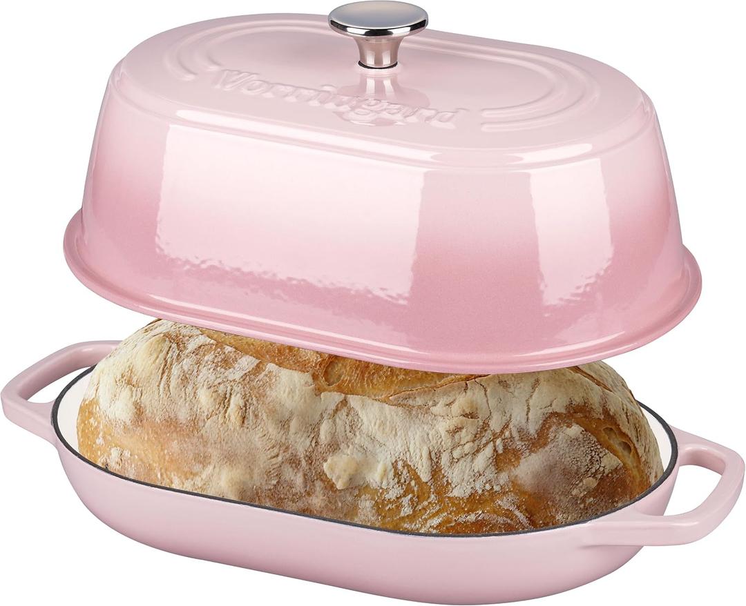 VORRINGARD Enameled Cast Iron Dutch Oven Pot with Dome Lid, Oval Bread Oven for Homemade Sourdough Bread Baking, Oven Safe up to 500F, 6 Quart, Pink