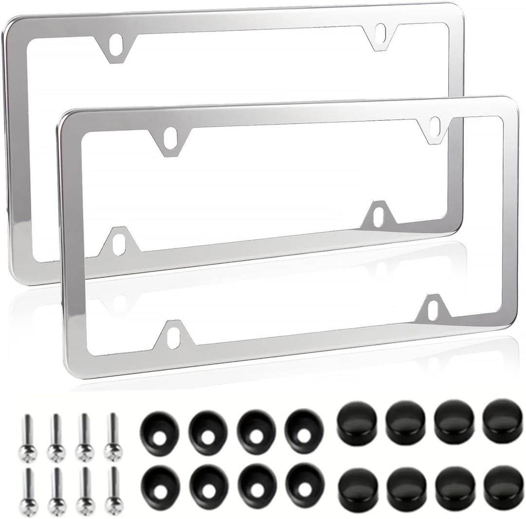 Fashion 4 Holes Slim Polish Mirror License Plate Frames,Stainless Steel License Plate Cover,Weather Proof License Plate Holder(4 Holes Super Slim Silver,2PCS)