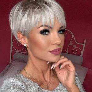 MIMAN Short Platinum Blonde Pixie Cut Wig Fluffy Short Hair Wigs with Bangs Dark Brown Roots Layered Hair Replacement Natural Looking Synthetic Wig Halloween Costumes Wigs for Women