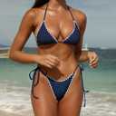 ZAFUL Bikini Sets for Women Halter Two Piece Swimsuit Ribbed High Cut Tie Side Thong Bathing Suit Sexy Padded Swimwear (Blue, L)