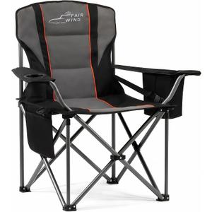 FAIR WIND Padded Camping Chair 500LBS Capacity Heavy Duty Oversized Folding Chair for Heavy People Portable Lawn Chair with Adjustable Lumbar Support, Cooler Bag & Cup Holder for Outdoor, Beach