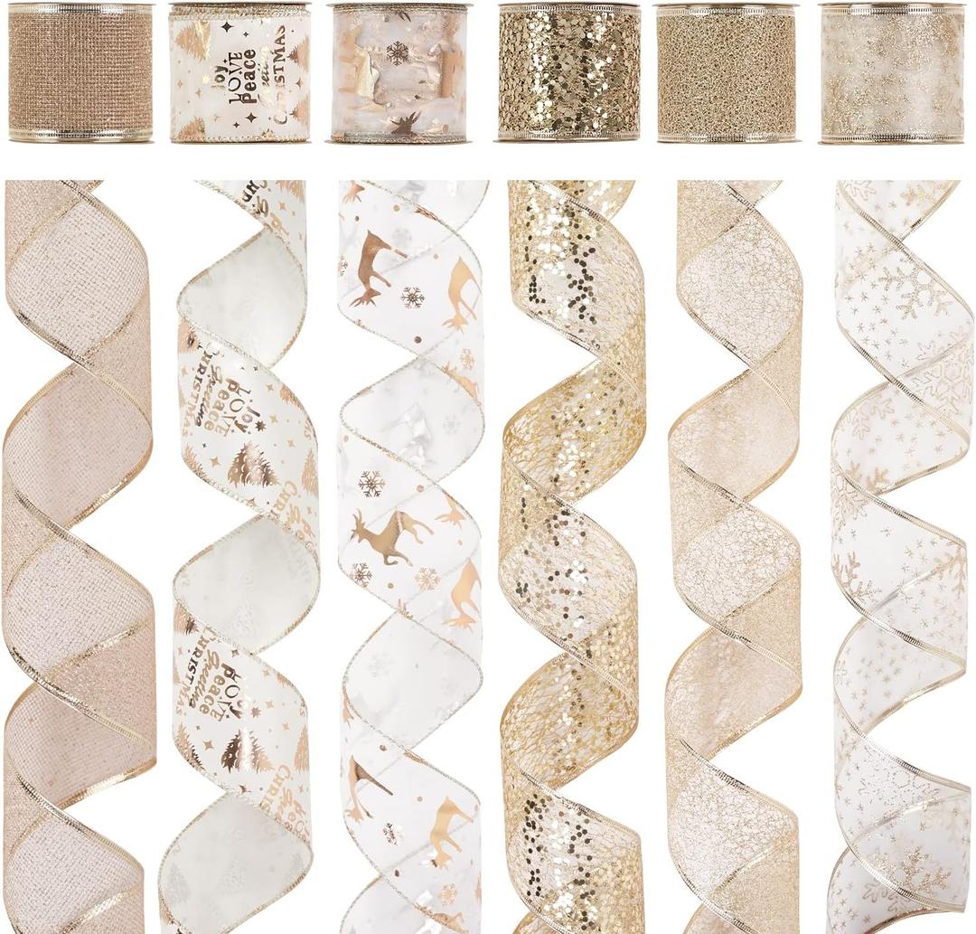 HUIHUANG Gold Wired Christmas Ribbon Gold and White Glitter Ribbon for Christmas Tree Decorations, Gift Wrapping, Wreaths, Garlands, Tree Bows, Home Decor -36 Yards Total