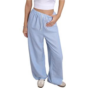 Women's Striped Print Straight Wide Leg Linen Pants Drawstring Waist Slant Pockets Pants Casual Long Pants (X-Large)