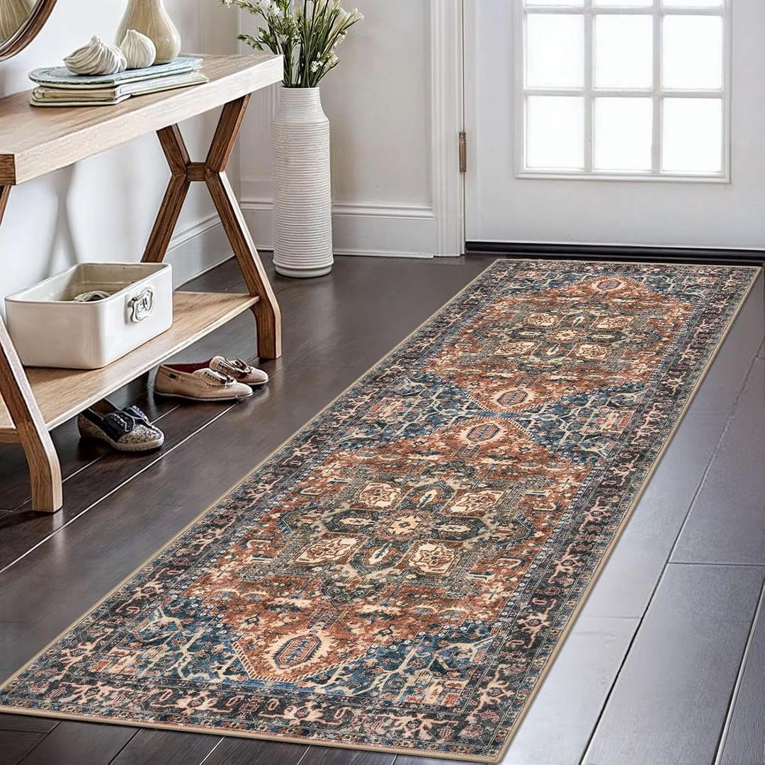 KOZYFLY Runners for Hallways 2x6 Ft Washable Kitchen Runner Rug Boho Runner Rug for Entryway Indoor Printed Oriental Faux Wool Floor Carpet Runner for Bedroom Kitchen Hall, Red/Navy Blue/Brown