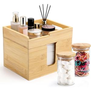 Bamboo Disposable Face Towel Holder with 2 Glass Jars - Open-Top Skincare Organizer for Facial Cleansing Wipes & Beauty Essentials - Bathroom Countertop Vanity Organizer