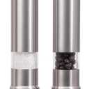 Salt and Pepper Grinder Set, Pump & Grind Peppermill, 2 Refillable Stainless Steel Mills with Thumb Press, One-Handed Salt and Pepper Grinder with Clear Acrylic Stand for Kitchen and Dining