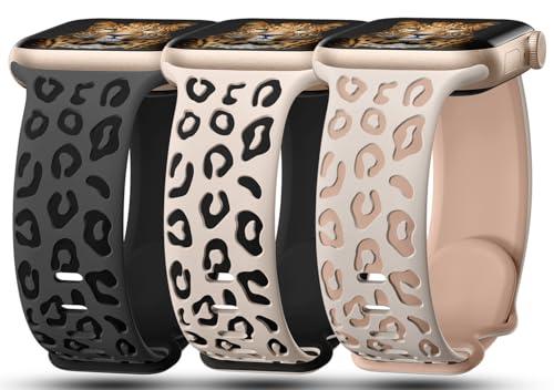 3 Pack Leopard Engraved Bands Compatible with Apple Watch Band 42mm 44mm 45mm 46mm 49mm Women, Soft Silicone Cheetah Embossed Sport Strap for iWatch Series 10 9 8 7 6 5 4 3 2 1 Ultra.MT-SL-SLMT