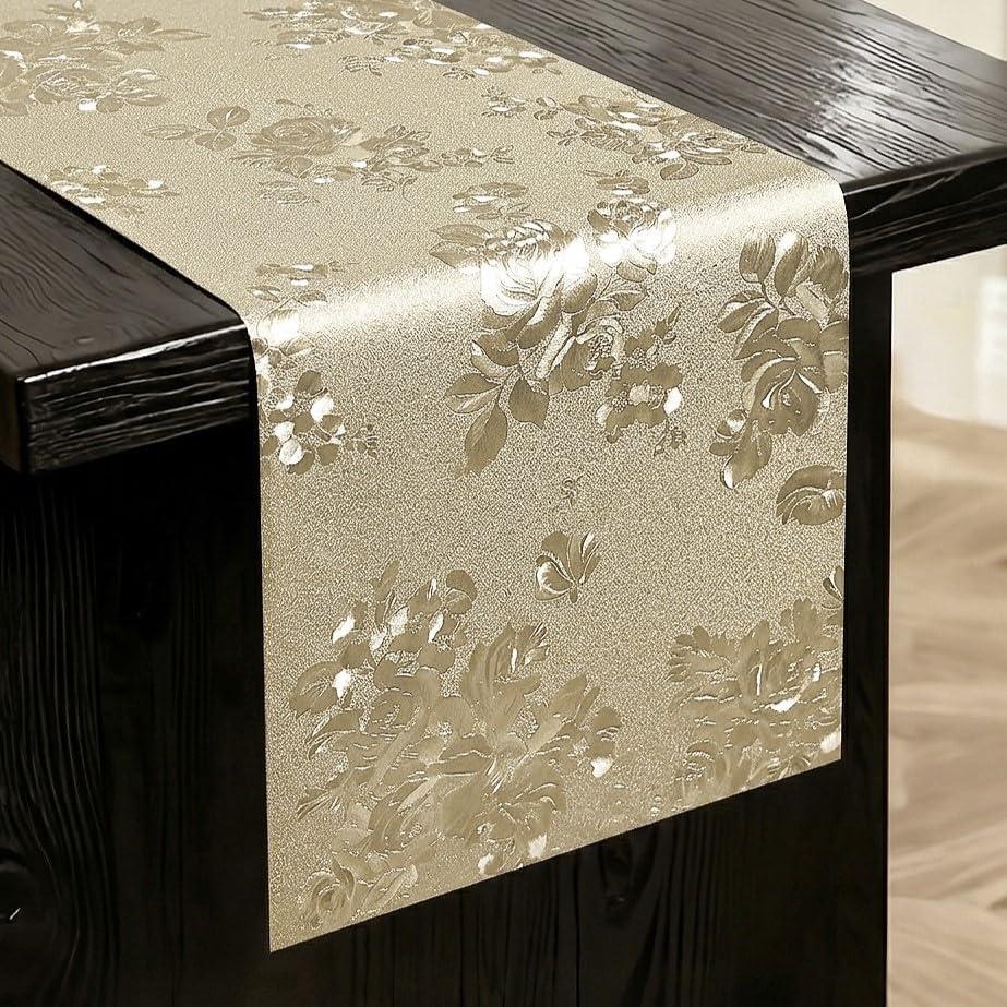 FAVE Gold Table Runner for Rectangle Tables, 72 Inch Heat Resistant Runner with Flower, Waterproof, Stain Resistant, Reusable for Daily Use Parties and Banquet (Gold Rose, 12"x72")