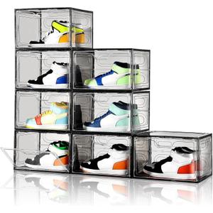 Amllas New Gray 8 Pack Shoe Boxes Stackable, Large Shoe Storage Organizer with Lids,Drop Side Shoe Containers for Entryway,Sneaker Storage Fit up to US Size 13 for Men/Women(13x 10.6x 8.3)