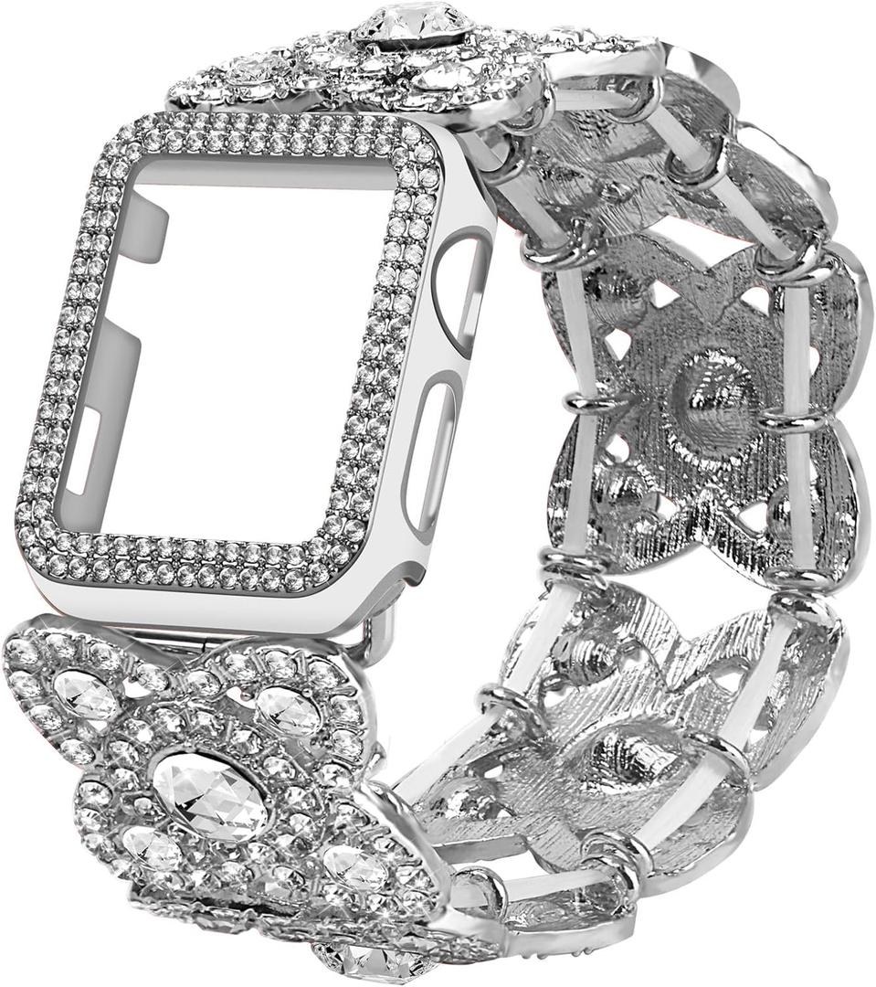 VIQIV for Bling Apple Watch Bands Series 9 8 7 6 5 4 3 SE 45mm 44mm 40mm 38mm 41mm 42mm for Women Dressy, Upgraded Starlight Stretchy Cute Bracelet with Bling Cover for iWatch Band, Diamond Rhinestone Metal Wristbands Straps (Silver)