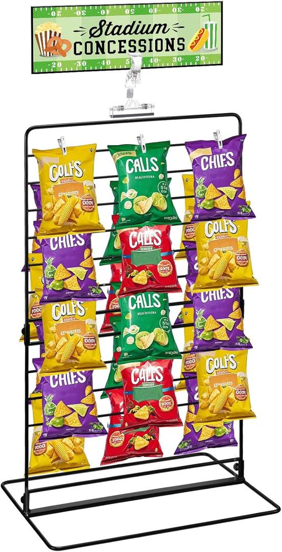 Geelin Football Party Potato Chip Rack Table Decor Concessions Sign and Display Stand with 60 Clips Countertop Snack Holder for Bags Metal Storage Candy Rack for Football Birthday Party