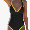 popvil Women One Piece Swimsuit Tummy Control Bathing Suit Neon Color Block Swim Suits Slimming Cute Tie Back Swimwear XL