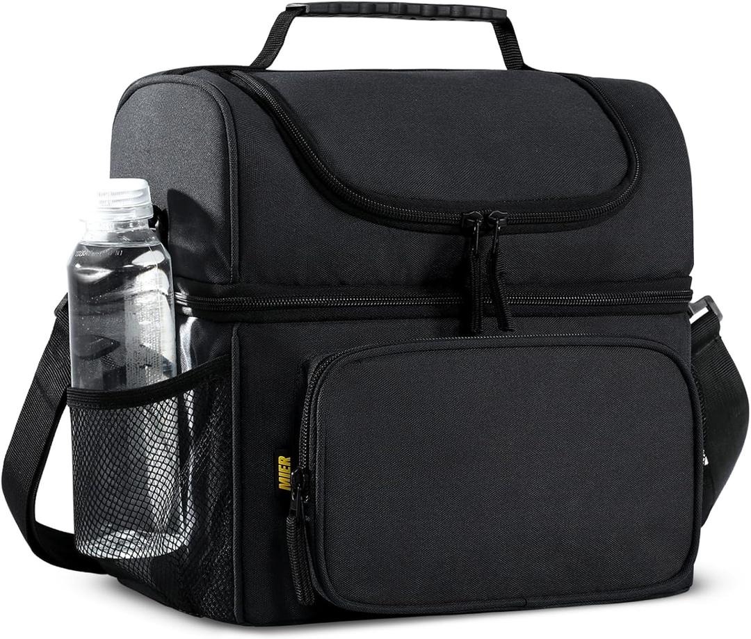 MIER Mens Insulated Lunch Box, Dual Compartment Large Lunch Bag Coolers with Shoulder Strap for Men Women Adult to Office Work, Picnic, Travel, Outdoors, Black