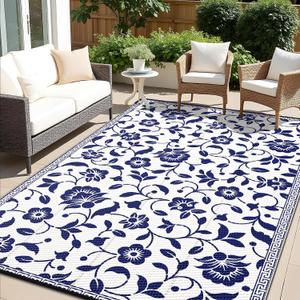 OLANLY Waterproof Outdoor Rug 8x10 ft, Outdoor Plastic Straw Rug with Flower Pattern, Reversible RV Mat for Patio, Camping, Balcony, Deck, Backyard, Navy & White
