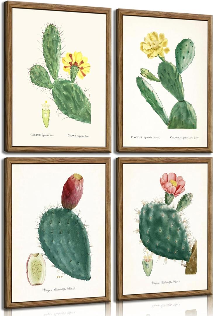 4pcs Vintage Cactus Wall Art Arizona Plants and Flowers Posters Prints Succulents Watercolor Pictures Painting Green Cactus Canvas Wall Decor for Kitchen bathroom Unframed