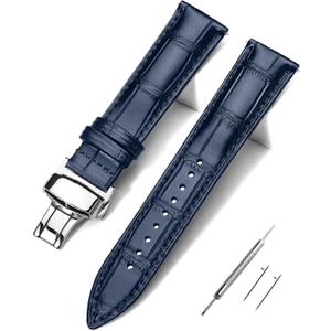 EACHE Croco Design Leather Watch Bands for Men Women,Quick Release Strap with Butterfly Deployment Buckle 18mm 19mm 20mm 21mm 22mm 24mm (Blue-Silver Buckle)