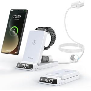 Wireless Charger for Samsung Charging Station with Clock for Samsung Galaxy S25 Ultra/S24/Z Flip 7/Fold 6/Bud, Watch Charger for Samsung Galaxy Watch 8/7/6/5, 3 in 1 Foldable Charging Station (White)