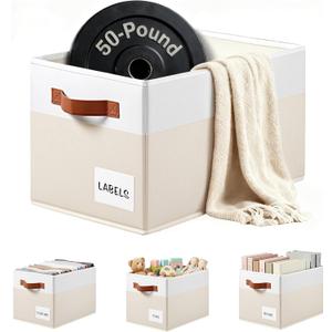 4 Pack Large Closet Storage Baskets for Shelves - 14x10 Heavy Duty Closet Shelf Organizer Bins with Handles & Labels - Decorative Collapsible Baskets for Organizing Living Room Bedroom Nursery Dorm (Beige with White)