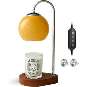 Modern Candle Warmer Lamp with Timer and Dimmer, Dimmable Electric Candle Lamp Warmer, Wax Melt Warmer, Glass with Wood Base, Home Decor Gifts 2 Bulbs Included (Brown and Stained Wood Base)