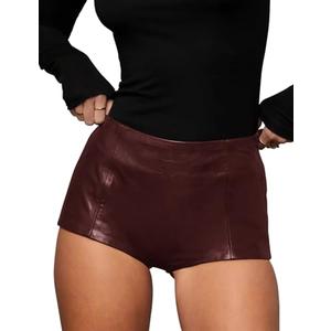 Hilltichu Women's Faux Leather Shorts High Waist Stretch Skinny Mini Shorts Sexy Hot Pants Wine Red, Size XL