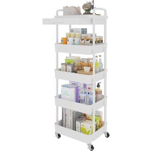 Calmootey 5-Tier Rolling Utility Cart with Drawer,Multifunctional Storage Organizer with Plastic Shelf & Metal Wheels,Storage Cart for Kitchen,Bathroom,Living Room,Office,White
